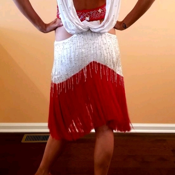 Dore Design White Latin Dress w/ Red Fringe - Picture 4 of 5